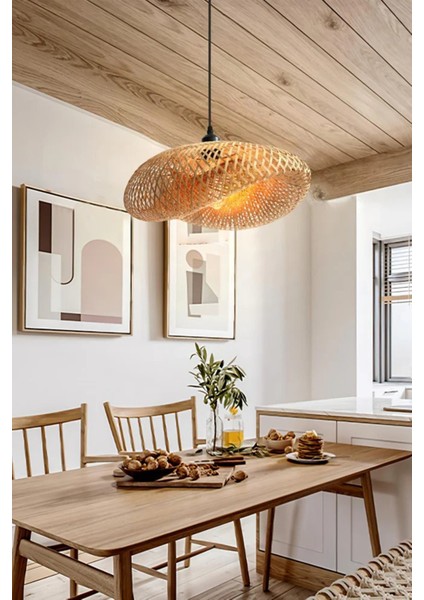 Doğal Bambu El Örmesi Avize, Elips Form Sarkıt, E27 Uyumlu, 60 cm