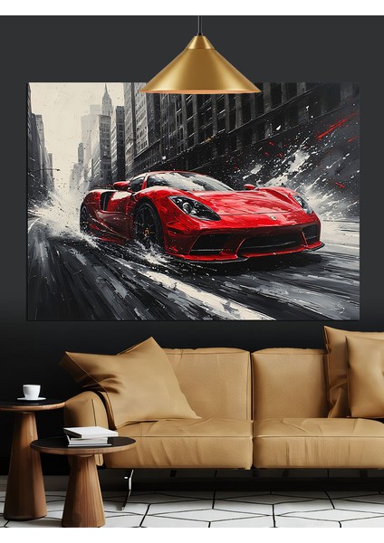 Yağmurlu Kırmızı Araba Dekoratif Kanvas - Mdf Ahşap Tablo fiyatları