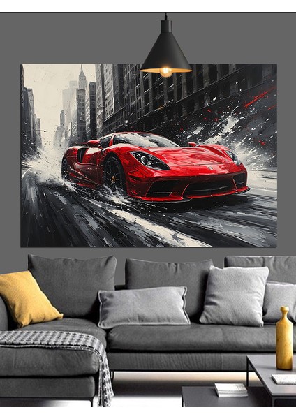 Yağmurlu Kırmızı Araba Dekoratif Kanvas - Mdf Ahşap Tablo modelleri
