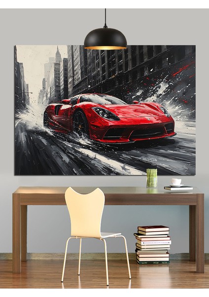Yağmurlu Kırmızı Araba Dekoratif Kanvas - Mdf Ahşap Tablo indirimleri