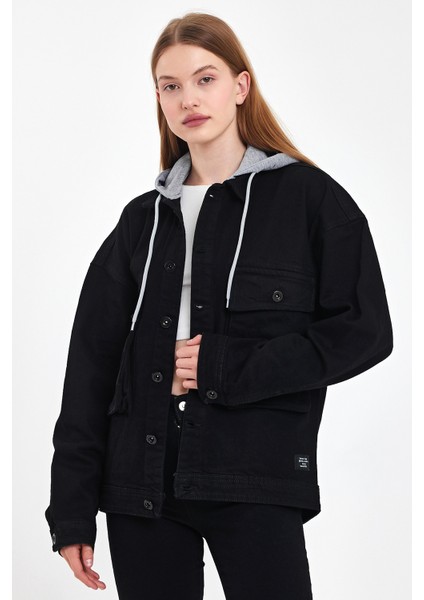 Kadın Bol Cep Oversize Kapşonlu Siyah Kot Ceket indirimleri