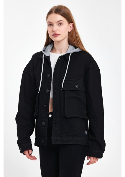 Kadın Bol Cep Oversize Kapşonlu Siyah Kot Ceket