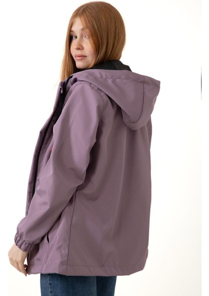 Spor Kadın Astarlı Su Geçirmez ve Rüzgara Dayanıklı Kapüşonlu Cepli Yağmurluk - Rüzgarlık