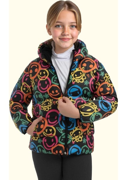 Spor Kız Çocuk Gülen Emoji Polarlı Kürklü Su Ve Rüzgar Geçirmez Kapüşonlu Cepli Mont