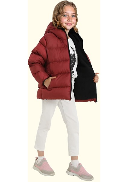 Spor Kız Çocuk Polarlı Kapüşonlu Su Geçirmez Rüzgara Dayanıklı Cepli Mont