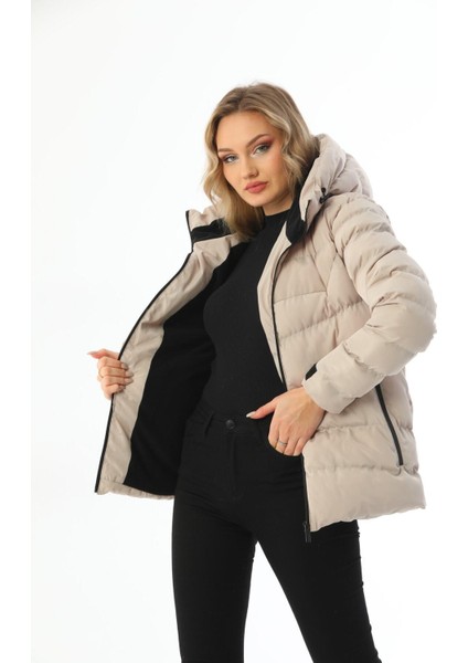 Spor Kadın Polarlı Kapüşonlu Su Geçirmez Rüzgara Dayanıklı Mont & Kaban & Parka