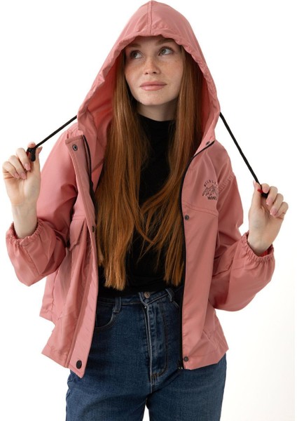 Spor Kadın Su Geçirmez ve Rüzgara Kapüşonlu Cepli Çıt Çıtlı Mevsimlik Yağmurluk