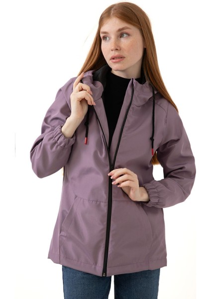 Spor Kadın Astarlı Su Geçirmez ve Rüzgara Dayanıklı Kapüşonlu Cepli Yağmurluk - Rüzgarlık