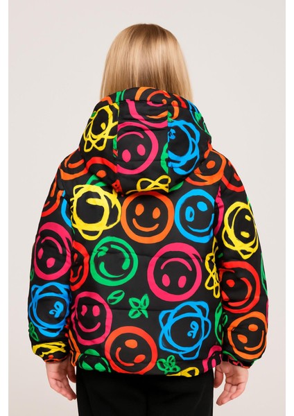 Spor Kız Çocuk Gülen Emoji Polarlı Kürklü Su Ve Rüzgar Geçirmez Kapüşonlu Cepli Mont indirimleri