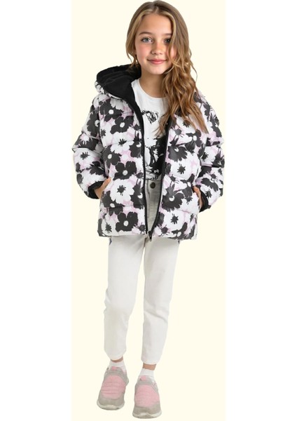 Spor Kız Çocuk Pusula Desen Polar Su Ve Rüzgar Geçirmez Kapüşonlu Cepli Mont