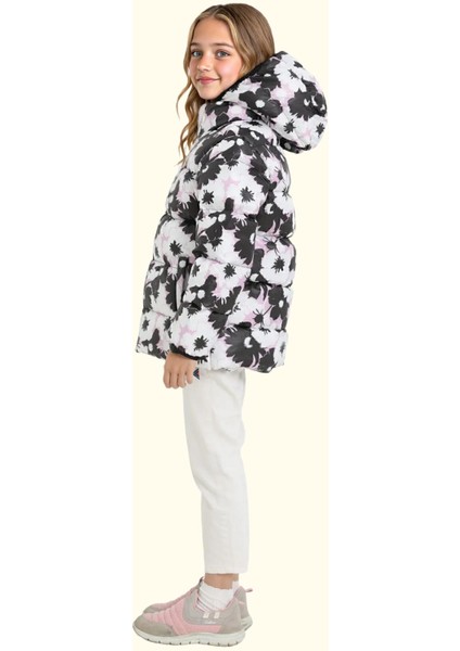 Spor Kız Çocuk Pusula Desen Polar Su Ve Rüzgar Geçirmez Kapüşonlu Cepli Mont