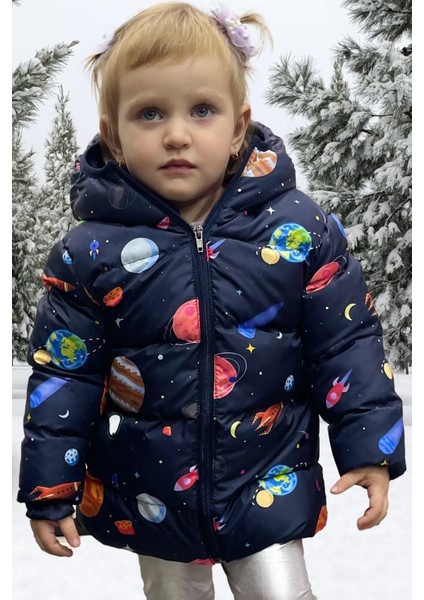 Spor Kız Çocuk Polarlı Kapüşonlu Gezegen Yıldız Desenli Mont & Kaban & Parka