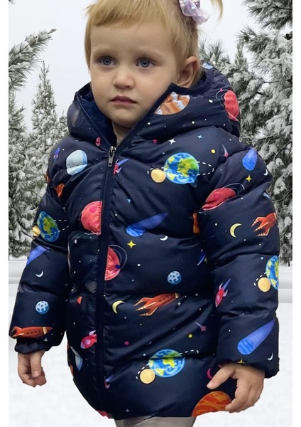 Spor Kız Çocuk Polarlı Kapüşonlu Gezegen Yıldız Desenli Mont & Kaban & Parka