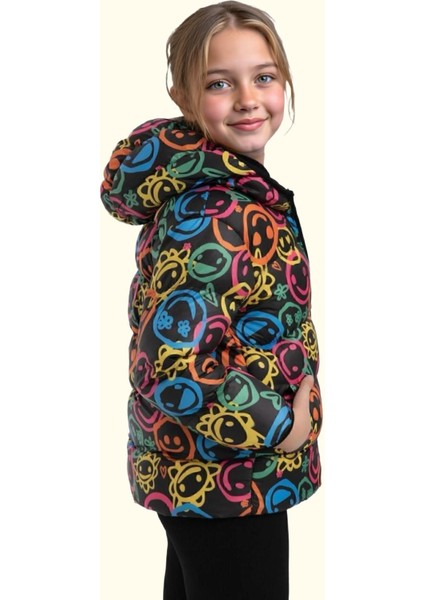 Spor Kız Çocuk Gülen Emoji Polarlı Kürklü Su Ve Rüzgar Geçirmez Kapüşonlu Cepli Mont indirimleri