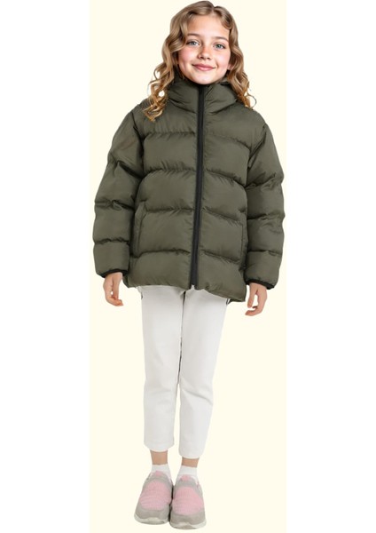 Spor Kız Çocuk Polarlı Kürklü Kapüşonlu Su Geçirmez Rüzgara Dayanıklı Cepli Mont