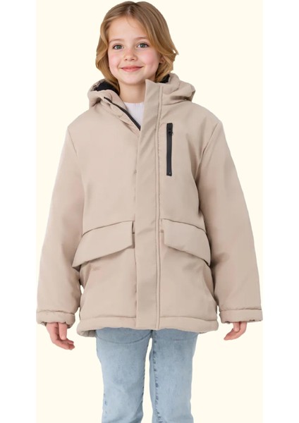 Spor Kız Çocuk Kürklü Su ve Rüzgar Geçirmez Kapüşonlu 3 Cep Mont & Kaban & Parka