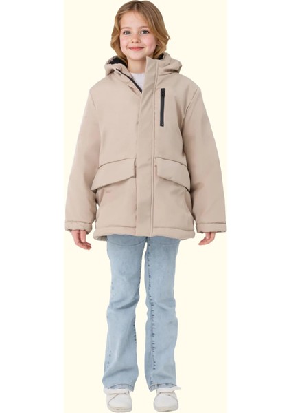 Spor Kız Çocuk Kürklü Su ve Rüzgar Geçirmez Kapüşonlu 3 Cep Mont & Kaban & Parka