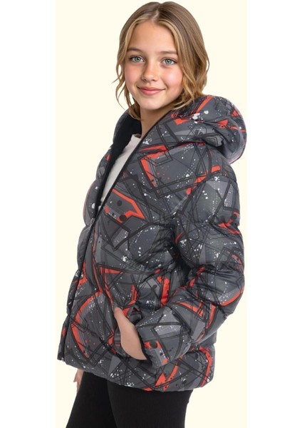 Spor Kız Spor Çocuk Pusula Desen Polar Su ve Rüzgar Geçirmez Kapüşonlu Cepli Mont