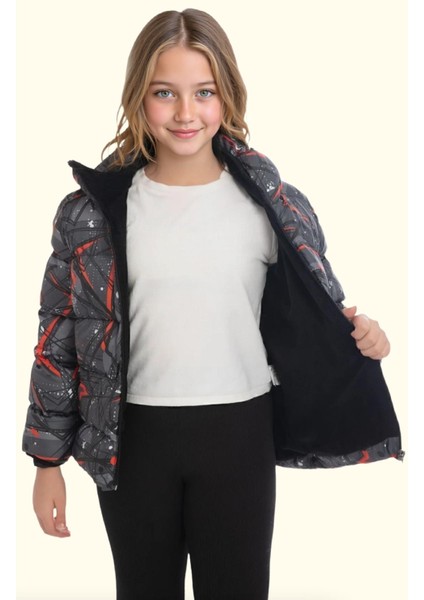 Spor Kız Spor Çocuk Pusula Desen Polar Su ve Rüzgar Geçirmez Kapüşonlu Cepli Mont