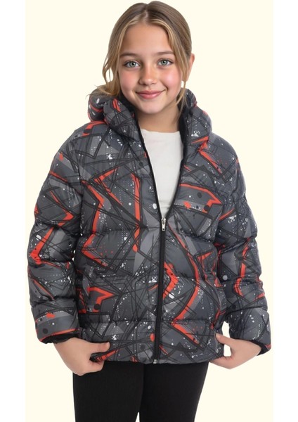 Spor Kız Spor Çocuk Pusula Desen Polar Su ve Rüzgar Geçirmez Kapüşonlu Cepli Mont