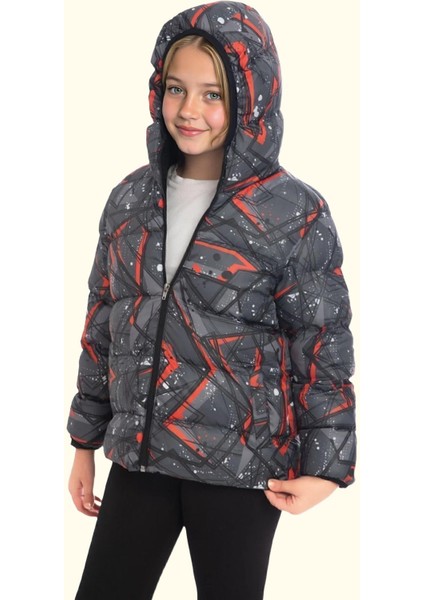 Spor Kız Spor Çocuk Pusula Desen Polar Su ve Rüzgar Geçirmez Kapüşonlu Cepli Mont