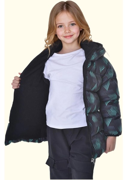 Spor Kız Spor Çocuk Dijital Desen Polar Su ve Rüzgar Geçirmez Kapüşonlu Mont