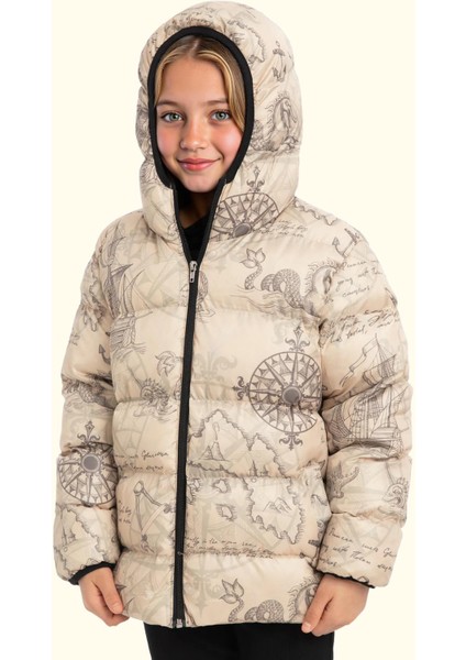 Spor Kız Spor Çocuk Pusula Desen Polar Su ve Rüzgar Geçirmez Kapüşonlu Cepli Mont