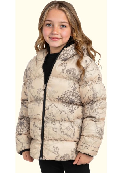 Spor Kız Spor Çocuk Pusula Desen Polar Su ve Rüzgar Geçirmez Kapüşonlu Cepli Mont