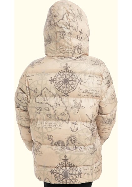 Spor Kız Spor Çocuk Pusula Desen Polar Su ve Rüzgar Geçirmez Kapüşonlu Cepli Mont