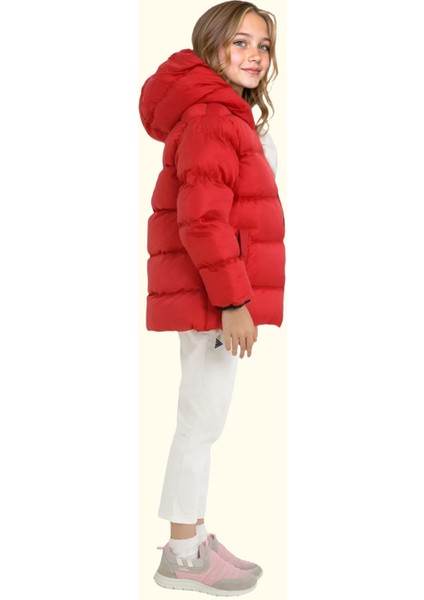 Spor Kız Çocuk Polarlı Kapüşonlu Su Geçirmez Rüzgara Dayanıklı Cepli Mont