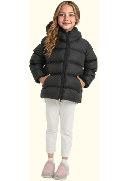 Spor Kız Çocuk Polarlı Kapüşonlu Su Geçirmez Rüzgara Dayanıklı Cepli Mont