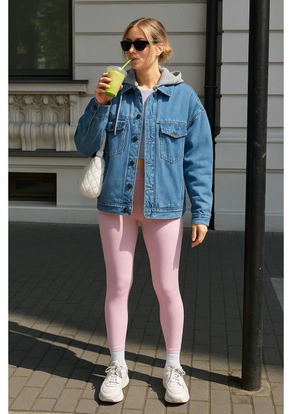 Kadın Bol Cep Oversize Kapşonlu Mavi Kot Ceket