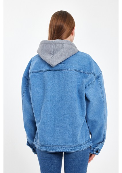 Kadın Bol Cep Oversize Kapşonlu Mavi Kot Ceket modelleri