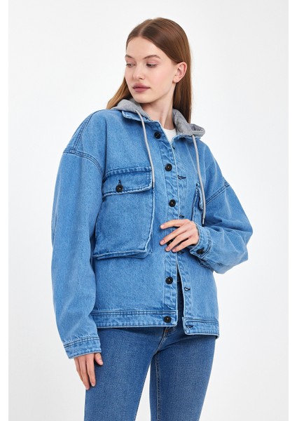 Kadın Bol Cep Oversize Kapşonlu Mavi Kot Ceket fırsatları