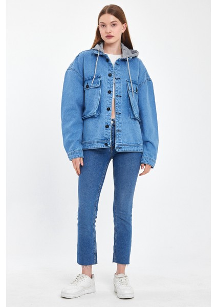 Kadın Bol Cep Oversize Kapşonlu Mavi Kot Ceket indirimleri