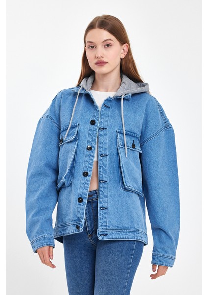 Kadın Bol Cep Oversize Kapşonlu Mavi Kot Ceket