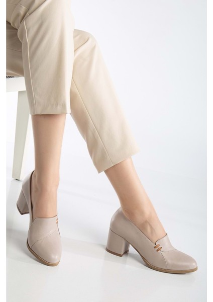 Kadın Hakiki Deri Biyeli Topuklu Ayakkabı - Silvergrey