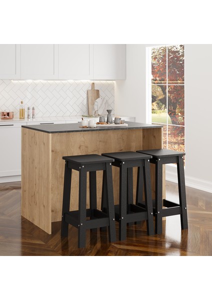 Monet G4041 3 Adet Siyah Bar Tabureli Mutfak Adası Sepet Gövde Lotus Üst Şaraplıklı Çok Amaçlı Masa