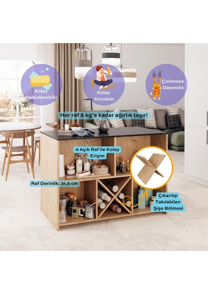 Monet G4041 3 Adet Siyah Bar Tabureli Mutfak Adası Sepet Gövde Lotus Üst Şaraplıklı Çok Amaçlı Masa modelleri