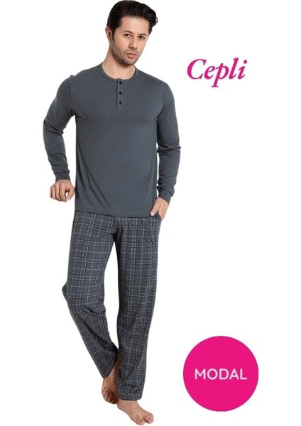Erkek 3 Düğmeli Ekose Desen Pamuk Likra Mevsimlik Modal Uzun Kol Manşetli Cepli Pijama Takımı
