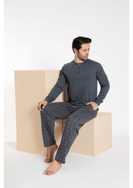 Erkek 3 Düğmeli Ekose Desen Pamuk Likra Mevsimlik Modal Uzun Kol Manşetli Cepli Pijama Takımı modelleri