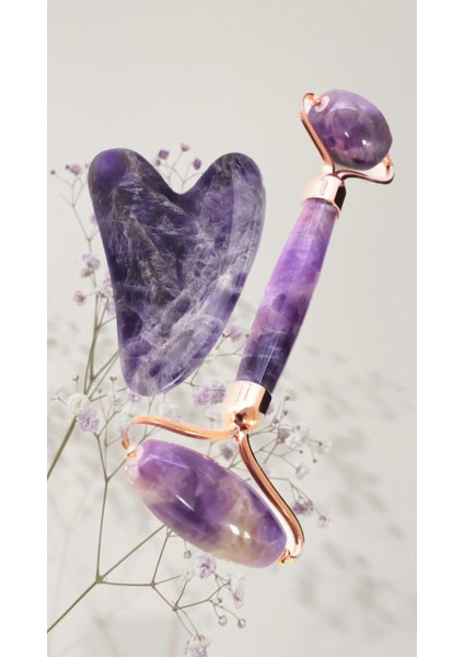 Ametist Çift Taraflı Roller & Kalp Guasha Masaj Taşı 2'li Set Hassasiyeti ve Matlığı Giderir.