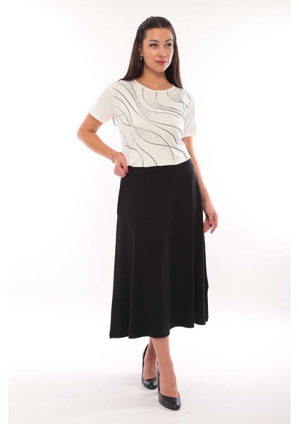 Kadın Desenli Kısa Kol Bluz 3044 Ekru