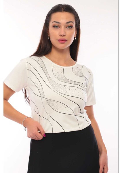Kadın Desenli Kısa Kol Bluz 3044 Ekru fiyatları