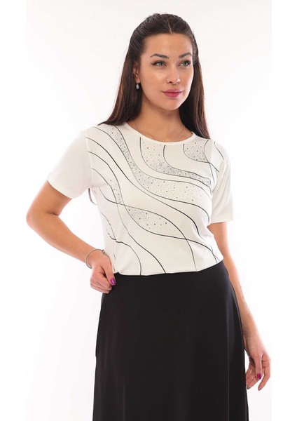 Kadın Desenli Kısa Kol Bluz 3044 Ekru modelleri