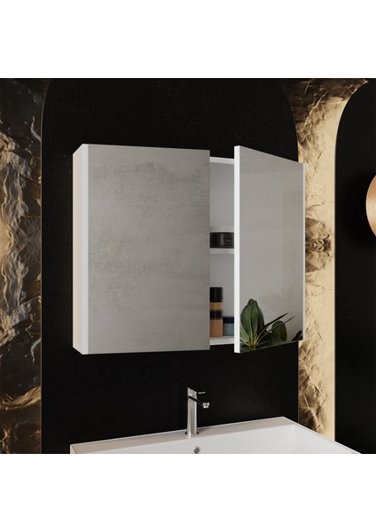 Mimoza 80CM Lavabolu, Aynalı Banyo Dolabı Seti, Seramik Lavabo Dahil, Beyaz, Mdf modelleri