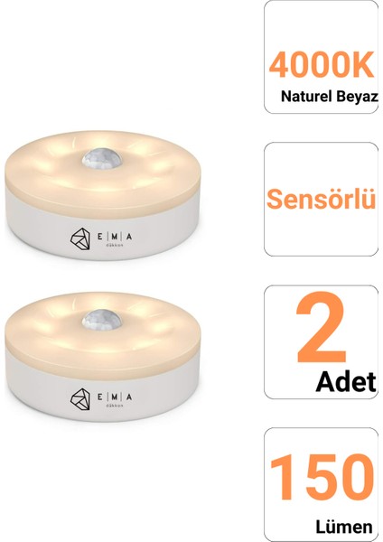 2 Adet Sensörlü LED Kabin Işık USB Şarjlı 4000K Doğal Beyaz Işık | Hareket Algılamalı Gece Lambası | Iç Mekan Kullanımına Uygun
