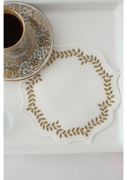 Buğday Nakışlı Keten Kare Bardak Altlığı Seti 6 Lı Gold
