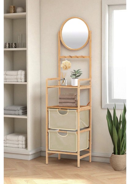 Bambu Aynalı 2 Çekmeceli Banyo Düzenleyici 2 Raflı Şifonyer Makyaj Organizeri DB-0035