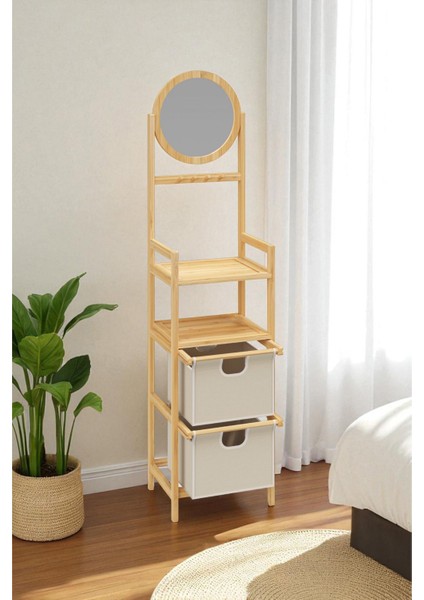Bambu Aynalı 2 Çekmeceli Banyo Düzenleyici 2 Raflı Şifonyer Makyaj Organizeri DB-0035 modelleri